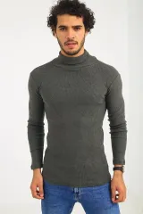 Erkek Kaşkorse Boğazlı Full Likralı Fitilli Body Kazak - Haki