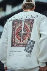Uzun Kol Bisiklet Yaka Baskılı SweatShirt - Beyaz