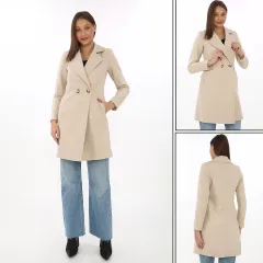 Düğmeli İçi Astarlı Kadın Kaşmir Kaşe Kaban - Bej