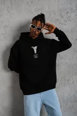 Erkek Baskılı Kapüşonlu Sweat - Siyah