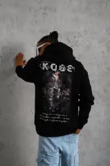 Erkek Baskılı Kapüşonlu Sweat - Siyah