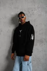 Erkek Baskılı Kapüşonlu Sweat - Siyah