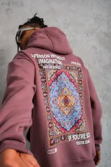 Erkek Kilim Desen Kapüşonlu Sweat - Gül Kurusu