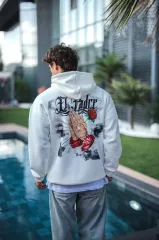 Üç İplik Penye Kapşonlu Baskılı SweatShirt - Beyaz
