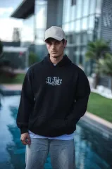 Üç İplik Penye Kapşonlu Baskılı SweatShirt - Siyah