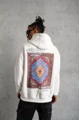 Erkek Kilim Desen Kapüşonlu Sweat- Beyaz