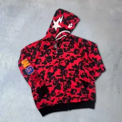Unisex 2 İplik Bape Kapüşonu Fermuarlı Hırka - Kırmızı