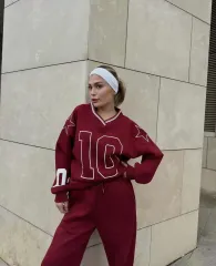 V Yaka Üç İplik Sweat Takım - Bordo