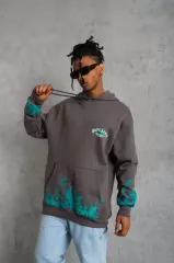 Erkek Üç İplik İçi Pamuklu Alev Baskılı Kapüşonlu Sweatshirt - Gri