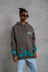 Erkek Üç İplik İçi Pamuklu Alev Baskılı Kapüşonlu Sweatshirt - Gri