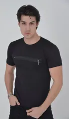 Erkek Göğüste Fermuar Aksesuarlı Dar Kalıp T-Shirt - Siyah