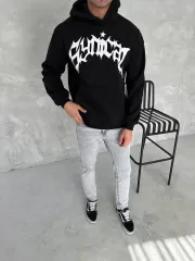 Unisex Üç İplik Kapüşonlu Baskılı SweatShirt - Siyah