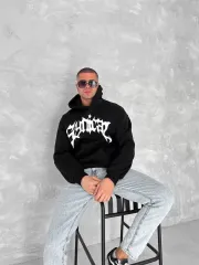 Unisex Üç İplik Kapüşonlu Baskılı SweatShirt - Siyah