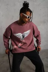 Erkek Güvercin Baskılı Sweatshirt - Gül Kurusu