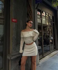 Straplez , Madonna , Carmen Yaka Croplu Mini Etekli ikili Takım Triko - Beyaz