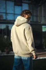 Üç İplik Penye kapüşonlu Basic SweatShirt - Bej