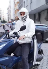 Samuray Kapşonlu ZIP Fermuarlı Çift Kapşonlu Nakışlı SweatShirt- Beyaz