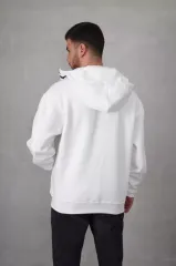 Samuray Kapşonlu ZIP Fermuarlı Çift Kapşonlu Nakışlı SweatShirt- Beyaz