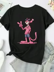 Pembe Panter Baskılı Oversize Bisiklet Yaka T-shirt - Beyaz