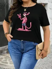Pembe Panter Baskılı Oversize Bisiklet Yaka T-shirt - Beyaz