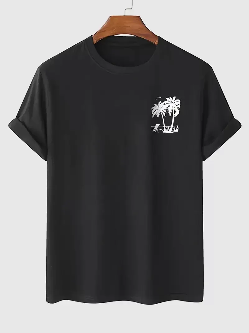 Palmiye Baskılı Oversize Bisiklet Yaka Kısa Kol T-shirt - Siyah