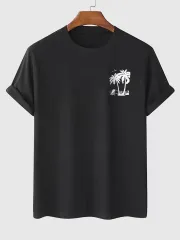 Palmiye Baskılı Oversize Bisiklet Yaka Kısa Kol T-shirt - Siyah