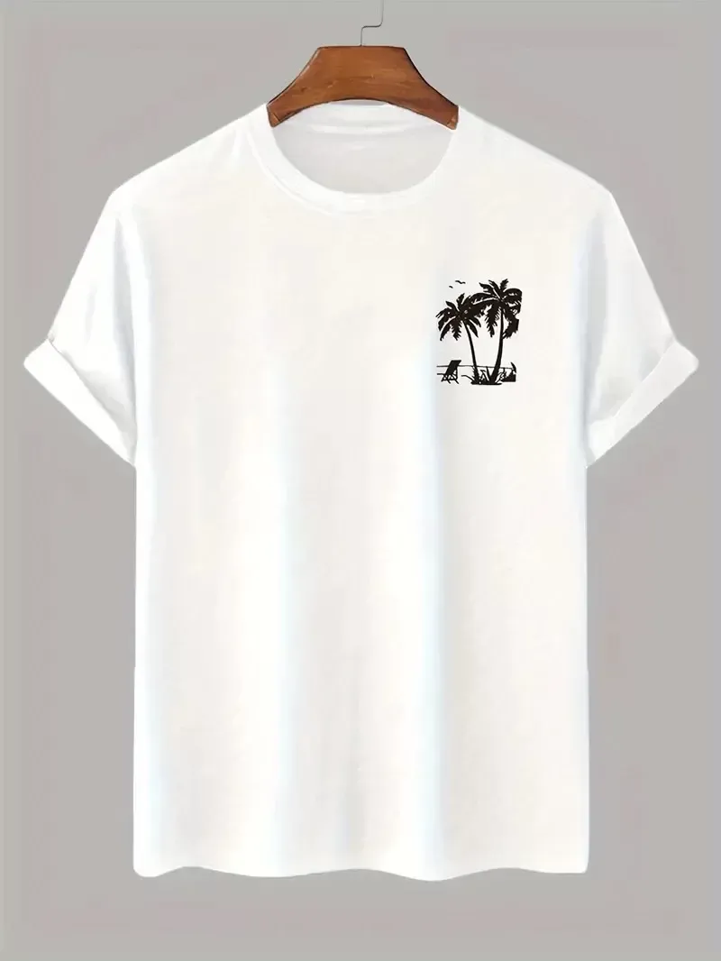 Palmiye Baskılı Oversize Bisiklet Yaka Kısa Kol T-shirt - Beyaz