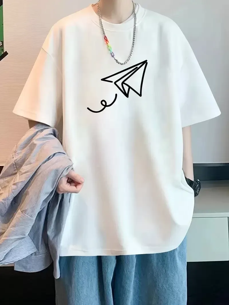Uçak Baskılı Oversize Bisiklet Yaka T-shirt - Beyaz