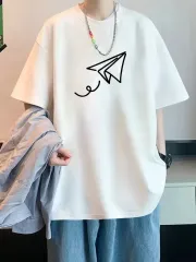 Uçak Baskılı Oversize Bisiklet Yaka T-shirt - Beyaz