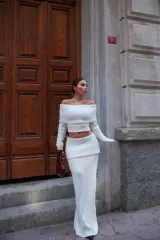 Straplez , Madonna , Carmen Yaka Croplu Uzun Etekli ikili Takım Triko  - Beyaz