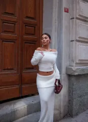 Straplez , Madonna , Carmen Yaka Croplu Uzun Etekli ikili Takım Triko  - Beyaz