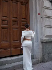 Straplez , Madonna , Carmen Yaka Croplu Uzun Etekli ikili Takım Triko  - Beyaz
