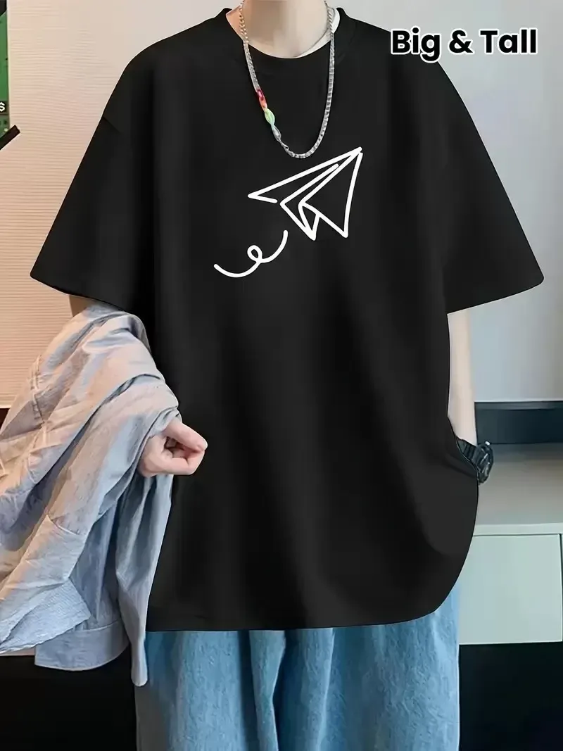 Uçak  Baskılı Oversize Bisiklet Yaka T-shirt - Siyah