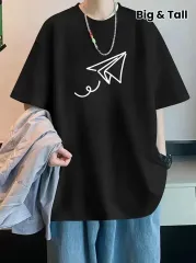 Uçak  Baskılı Oversize Bisiklet Yaka T-shirt - Siyah