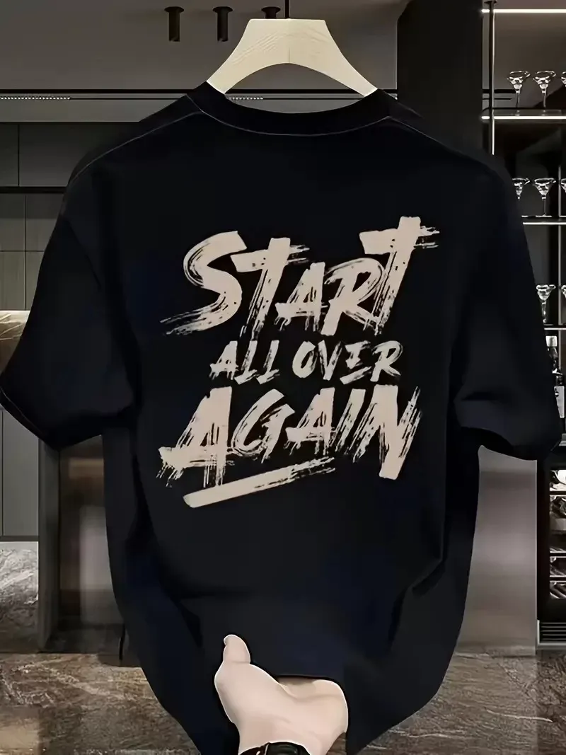 Start All Over Baskılı Oversize Bisiklet Yaka T-shirt - Siyah