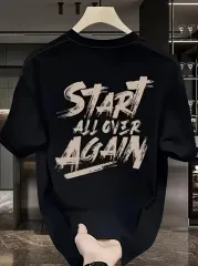 Start All Over Baskılı Oversize Bisiklet Yaka T-shirt - Siyah