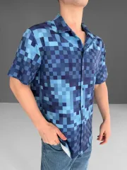 İki İplik Kumaş Baskılı Gömlek - Mavi