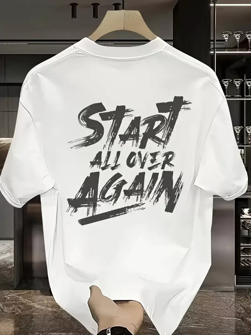 Start All Over Baskılı Oversize Bisiklet Yaka T-shirt - Beyaz