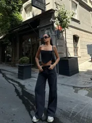 Kadın  Arkadan Yırtmaçlı Jeans Kot Palazzo Pantolon - Siyah