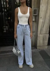 Kadın Arkadan Yırtmaçlı Jeans Kot Palazzo Pantolon - Mavi