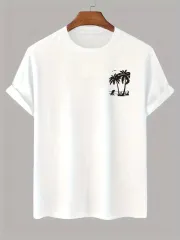 Palmiye Ön Baskılı Oversize Bisiklet Yaka T-shirt - Beyaz