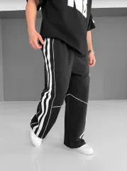 İki İplik Kumaş Şeritli Alt Esofman - Siyah