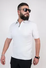 Triko Dokuma Yarım Fermuarlı Yakalı T-shirt - Beyaz