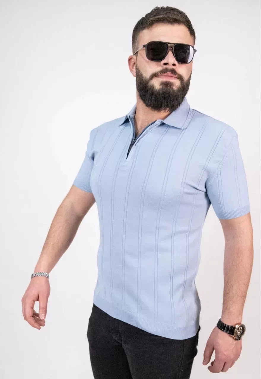 Triko Dokuma Yarım Fermuarlı Yakalı T-shirt - Açık mavi