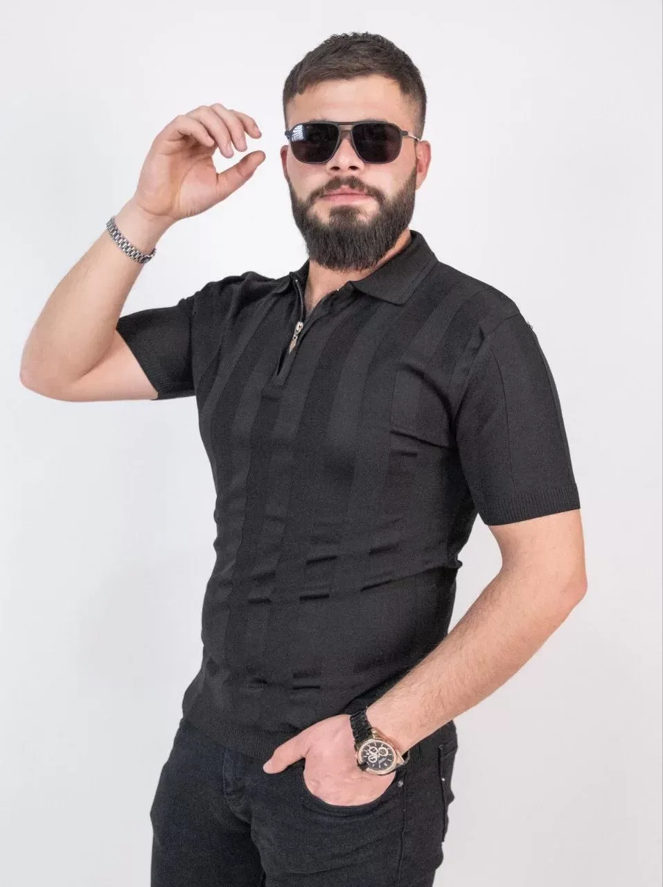 Triko Dokuma Yarım Fermuarlı Yakalı T-shirt - Siyah