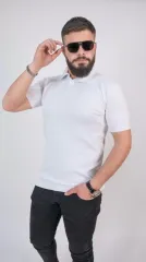 Triko Dokuma Yakalı T-shirt - Beyaz