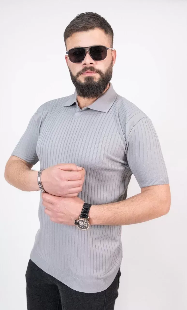 Triko Dokuma Yakalı T-shirt - Gri