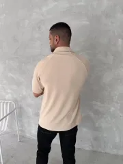 Yakalı Patlı Kısa Kol T-shirt - Bej