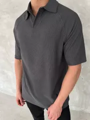 Yakalı Patlı Kısa Kol T-shirt - Antrasit