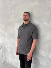 Yakalı Patlı Kısa Kol T-shirt - Antrasit